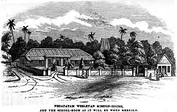 Negapatam Wesleyan Mission-House and the school-room as it will be when rebuilt (October 1855, p. 108, Rev. Thomas Hodson)