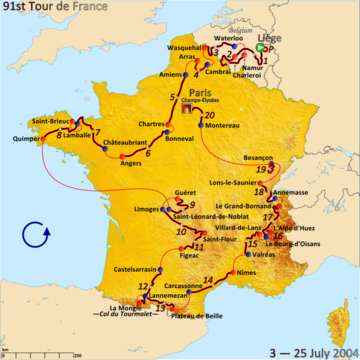 Map of France with the route of the 2004 Tour de France