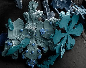 תמונת מיקרוסקופ אלקטרוני סורק של פתיתי שלג. גבישי הקרח מהם מורכבים פתיתי השלג יוצרים צורות מורכבות בעלות סימטריה של משושה.
