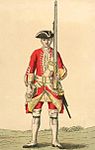 Private of the 20th Regiment of foot from the Cloathing Book of 1742. (The tricorne was an evolution of the wide-brimmed hat formerly worn).