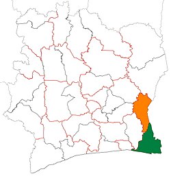 Location of Sud-Comoé Region (green) in Ivory Coast and in Comoé District