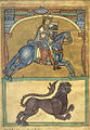 A lion at the side of King Alfonso IX of Leon, from the Tumbo A cartulary of the Cathedral of Santiago de Compostela
