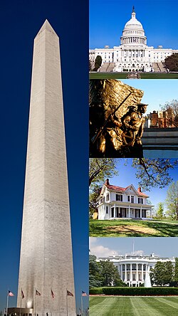 Counter-Clockwise from top right: United States Capitol, Washington Monument, the White House, Smithsonian Institution Building and Lincoln Memorial