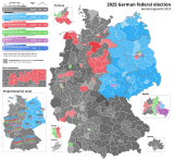 Répartition géographique des suffrages exprimés par couleur politique. La carte principale montre les résultats pour les circonscriptions uninominales et en bas à gauche les sièges de la liste proportionnelle par État sont indiqués.