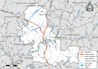 Carte en couleur présentant le réseau hydrographique de la commune