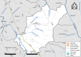 Carte en couleur présentant le réseau hydrographique de la commune