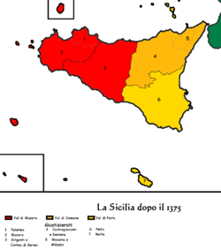 The Kingdom of Sicily and its territorial divisions in the 14th century.