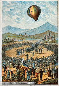 First test flight with an aerostat at Annonay at Timeline of aviation – 18th century, by Romanet & cie.