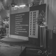 Black and white photograph of the scoreboard in 1958; the running order numbers and song titles of the competing entries are printed on the left-hand side of the scoreboard, and rotating numbers on the right-hand side show the allocation of points to each song as each country's jury is called, and a total of all points received; song titles are sorted by order of appearance, with the first song to be performed appearing at the top of the scoreboard.