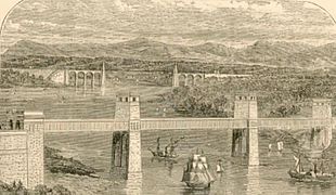 Al fondo, puente colgante de Menai (Thomas Telford, 1826). En primer plano, el puente tubular Britannia (Robert Stephenson, 1850). Vista ca. 1850.