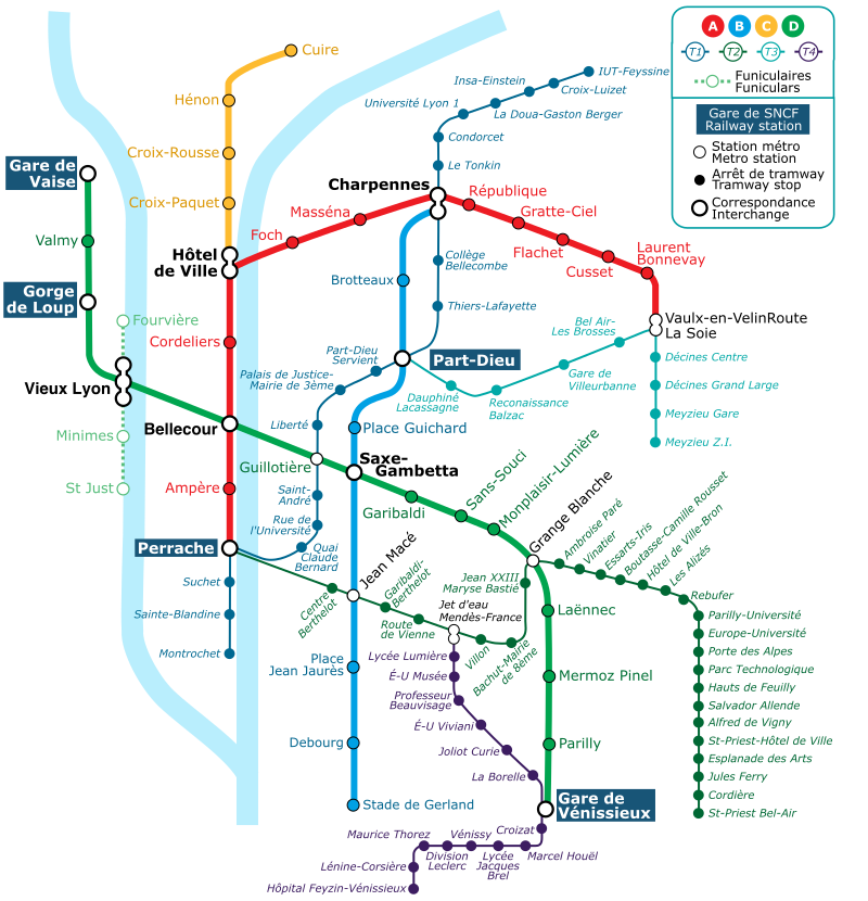 Un plan du réseau métro et tramway de Lyon.