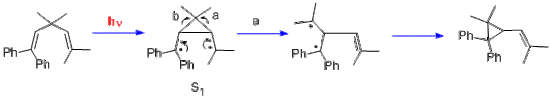 Irradiation of Ph2C=CCMe2C=CMe2 forms Ph2C•(C-CMe2-C-)C•Me2. The central atom can then attack the bond towards the isopropyl group (a) or the benzhydryl group (b). It chooses a, to form Ph2C•C(C•Me2)C=CMe2, which then closes to form a benzhydrilic cyclopropane ring.