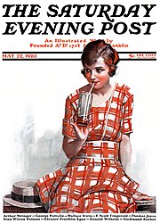 A cover of The Saturday Evening Post with a young flapper sipping a drink on the beach. A man's straw hat is next to her.