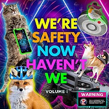 A busy graphic with lasers and housepets posing with technology