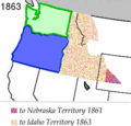 The State of Oregon (blue) and Washington Territory (green)—along with the latter's portions ceded to Nebraska Territory on March 2, 1861, and to Idaho Territory on March 3, 1863