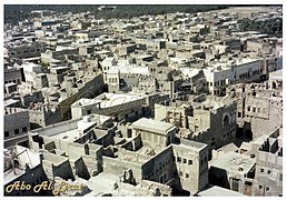 أحياء ومنازل قلعة القطيف قبل إزالتها. لاحظ وجود تقسيماتٍ غير مسقوفة في سطوح المنازل والتي تُسمّى محلّيّاً بالـ"عُرَش".