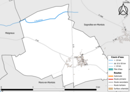 Carte en couleur présentant le réseau hydrographique de la commune