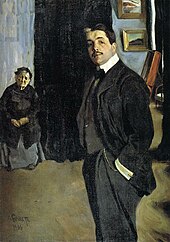 Painting of Diaghilev standing sideways in a living room, with an old woman sitting in the background