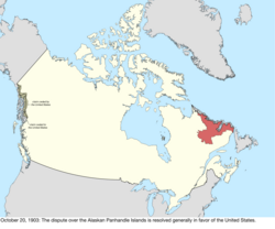 Map of the change to the international disputes involving Canada on October 20, 1903
