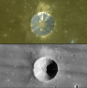 Вверху мультиспектральный снимок зонда Clementine, внизу снимок Lunar Orbiter - IV.