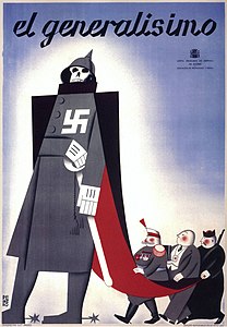 "אל גנרליסימו". כרזה של איגוד העובדים UGT המציגה את פרנסיסקו פרנקו כשצלב קרס על חזהו והוא נתמך על ידי הצבא, הקפיטליזם והכמורה.