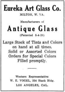 advertisement for Eureka Art Glass Company, manufacturers of antique glass