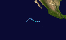 A map of the path of a tropical storm well off the Pacific coast of Mexico. It begins by moving westward before gently curving to the northwest over a short distance; it then abruptly switches to a southwestward motion, continuing in that direction for a short while until dissipation.