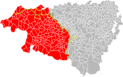 Pyrénées-Atlantiques : limites sud et ouest de l'Occitanie (ligne jaune). Exclave occitanophone au sein du Pays basque (pointillés jaunes). La Communauté d'agglomération du Pays Basque (en rouge). La limite des provinces basques historiques (pointillés verts).