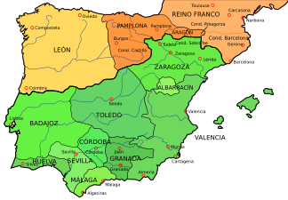 La península ibérica en 1030 con la división del Califato de Córdoba en taifas y los reinos de León y Pamplona y el Condado de Barcelona.