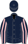 Royal blue, pink stripes on sleeves, royal blue cap