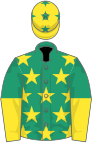 Emerald green, yellow stars, emerald green and yellow halved sleeves, yellow cap, emerald green stars