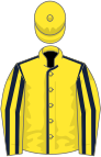 Yellow, dark blue seams, striped sleeves, yellow cap
