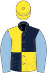 Dark blue and yellow (quartered), light blue sleeves, yellow cap