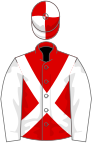 Red, white cross sashes, white sleeves, white cap, red quarters