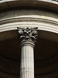 Neoclassical Corinthian capital of the Temple de la Sibylle, Parc des Buttes Chaumont, Paris, heavily inspired by those of the Temple of Vesta in Tivoli, by Gabriel Davioud, 1866