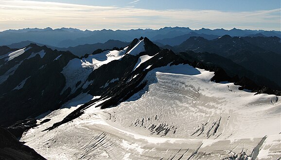 Ruth Peak and Fairchild Glacier seen from Mount Carrie