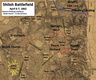 topographical map of battlefield including Fraley Field, Shiloh Church, Crossroads, Hornet's Next, and Pittsburg Landing
