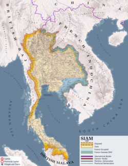 แผนที่ทางรัฐศาสตร์ของราชอาณาจักรสยามก่อนสนธิสัญญาอังกฤษ–สยาม พ.ศ. 2452