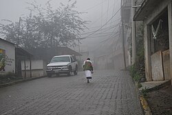 Woman walking on street in town on foggy day