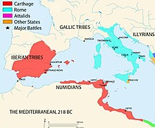 a map of the western Mediterranean region showing the territory controlled by Rome and Carthage in 218 BC