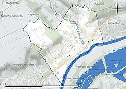 Carte en couleur présentant le réseau hydrographique de la commune