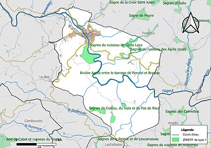 Carte des ZNIEFF de type 1 sur la commune.