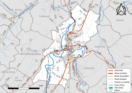 Carte en couleur présentant le réseau hydrographique de la commune