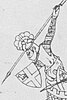 Medieval manuscript drawing of a man in armour throwing a spear from a rampart
