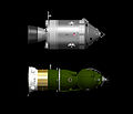 Apollo CSM and LOK (Soyuz 7K-L3) (drawn to scale). Command ships for the Moon voyage