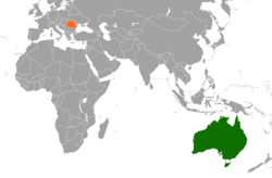 Map indicating locations of Australia and Romania