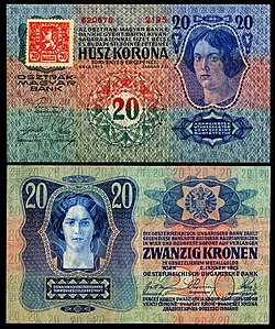 Twenty Czechoslovak koruna at Banknotes of the Czechoslovak koruna (1919), by the Austro-Hungarian Bank and the First Czechoslovak Republic