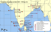 Carte de l'Inde avec tous les comptoirs européens vers 1740, permettant de situer Pondichéry et Madras pendant la guerre de Succession d'Autriche.