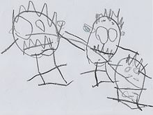 A children's drawing of a family of three figures, where two are larger than the third, presumably representing two parents and their child. The figures have a circular head, lack a torso, and have arms and legs sprouting from the sides and bottom.