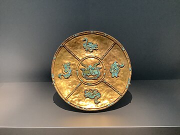 a gold and turquoise plate from the Yarlung Dynasty of Tibet (600-800 AD), The Al Thani Collection